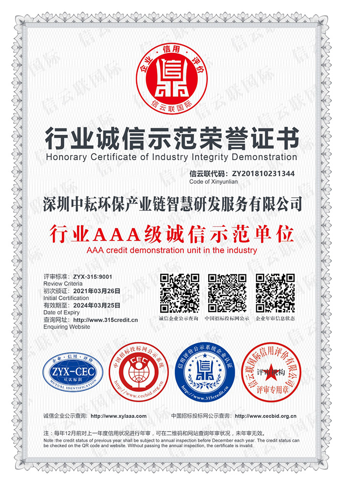 行业AAA级诚信示范单位